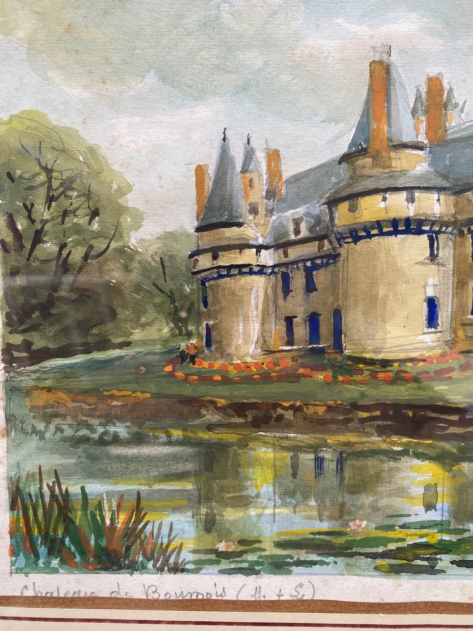 Aquarelle signée château de Boumois F. Cochard, Pays de Loire, encadrée sous verre-{{shop name}}