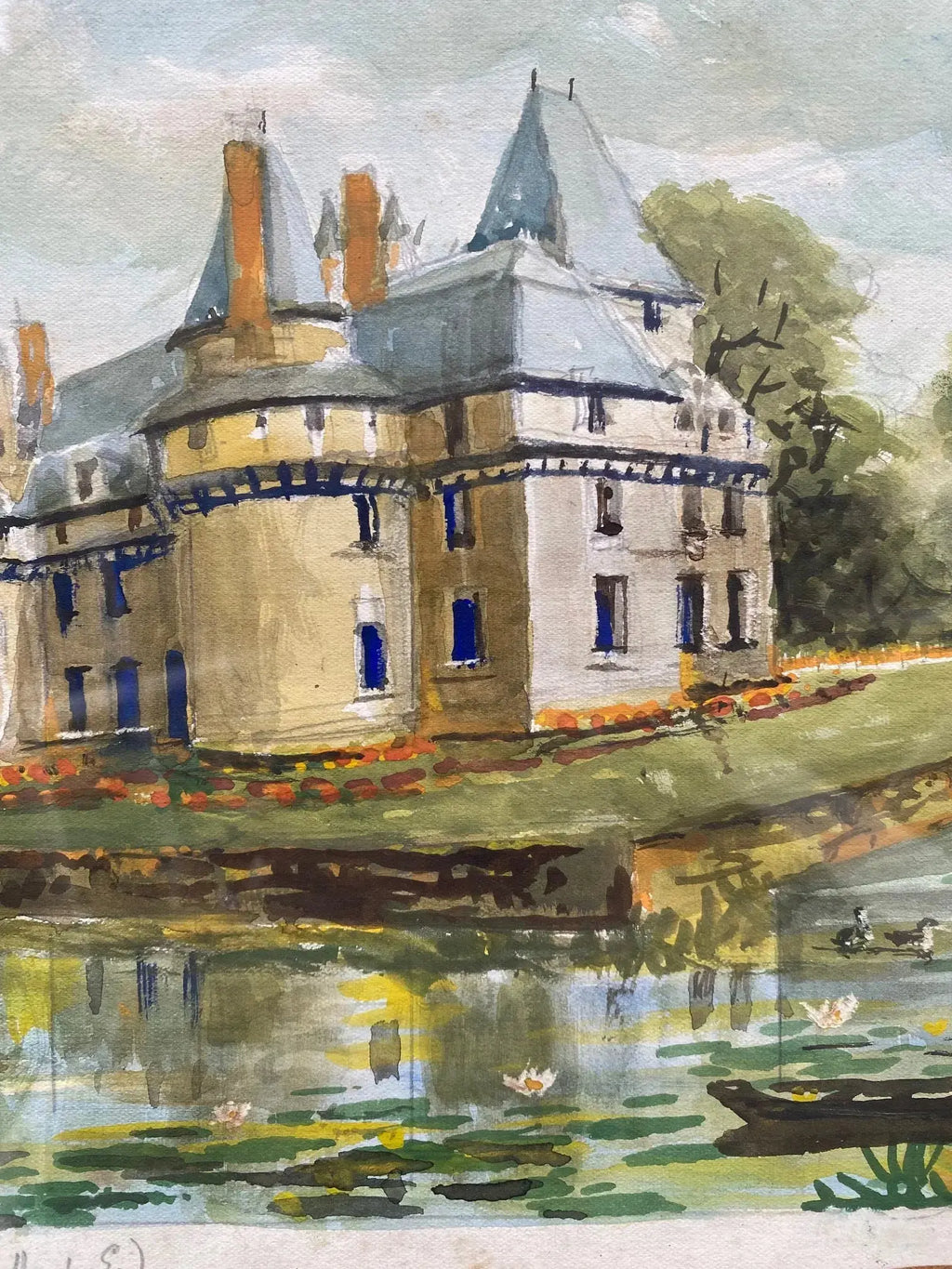 Aquarelle signée château de Boumois F. Cochard, Pays de Loire, encadrée sous verre-{{shop name}}