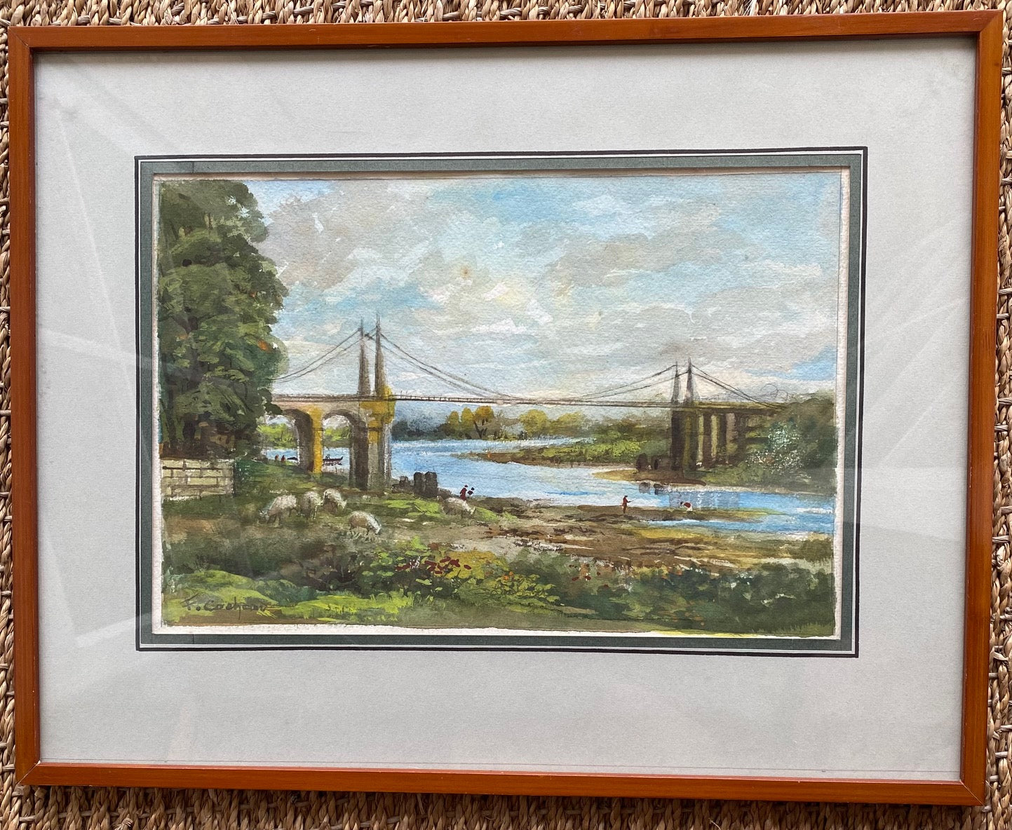 Aquarelle signée F. Cochard pêcheurs sous pont, moutons, encadrée bois sous verre 41x34-{{shop name}}