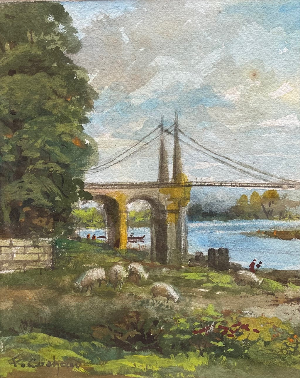 Aquarelle signée F. Cochard pêcheurs sous pont, moutons, encadrée bois sous verre 41x34-{{shop name}}