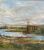 Aquarelle signée F. Cochard pêcheurs sous pont, moutons, encadrée bois sous verre 41x34-{{shop name}}