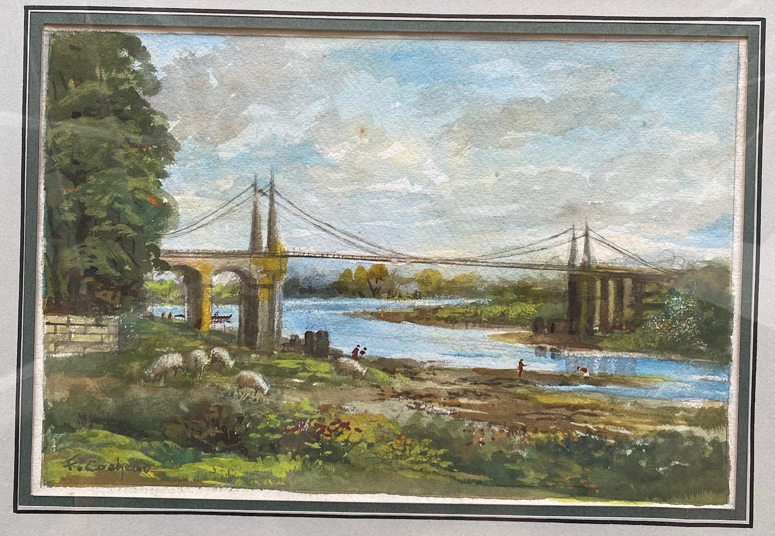 Aquarelle signée F. Cochard pêcheurs sous pont, moutons, encadrée bois sous verre 41x34-{{shop name}}