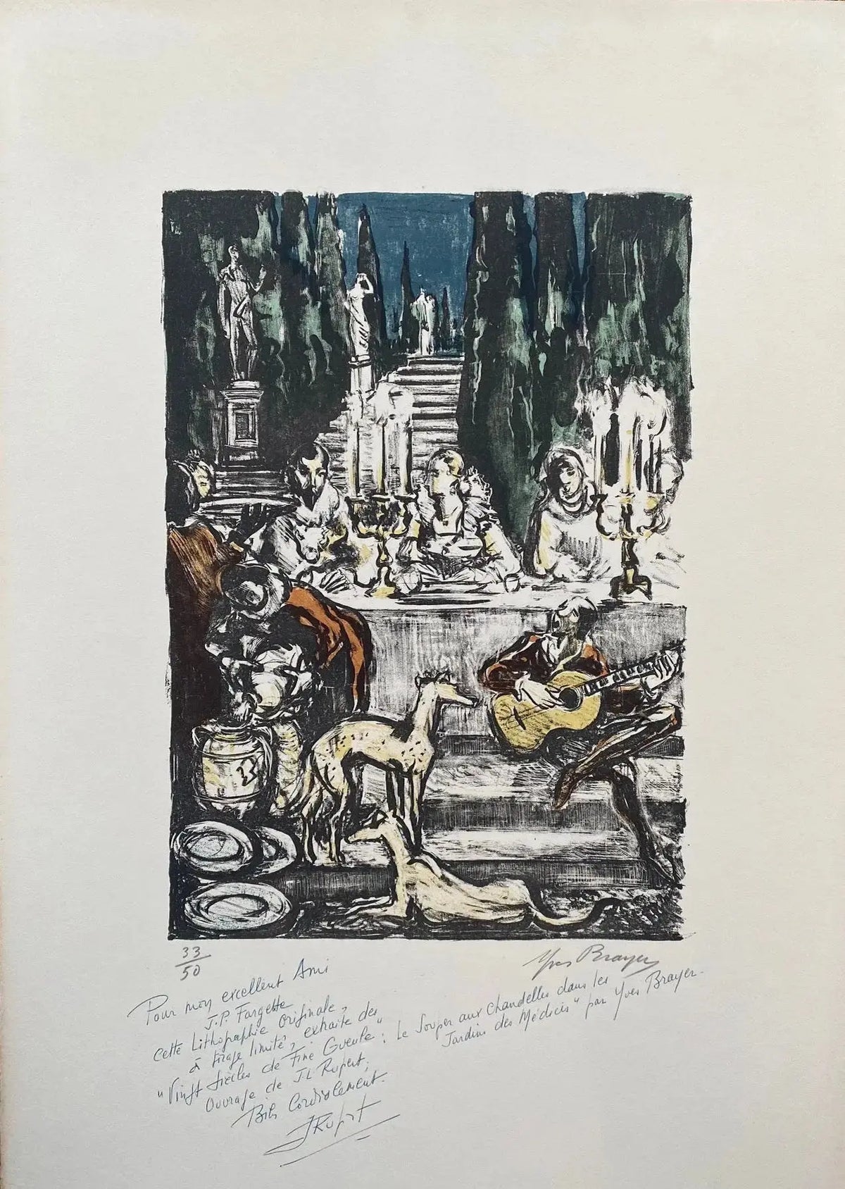 Lithographie Yves Brayer, signée, et dédicacée. Pièce unique d'exception intitulée Médicis. Antiquités de France