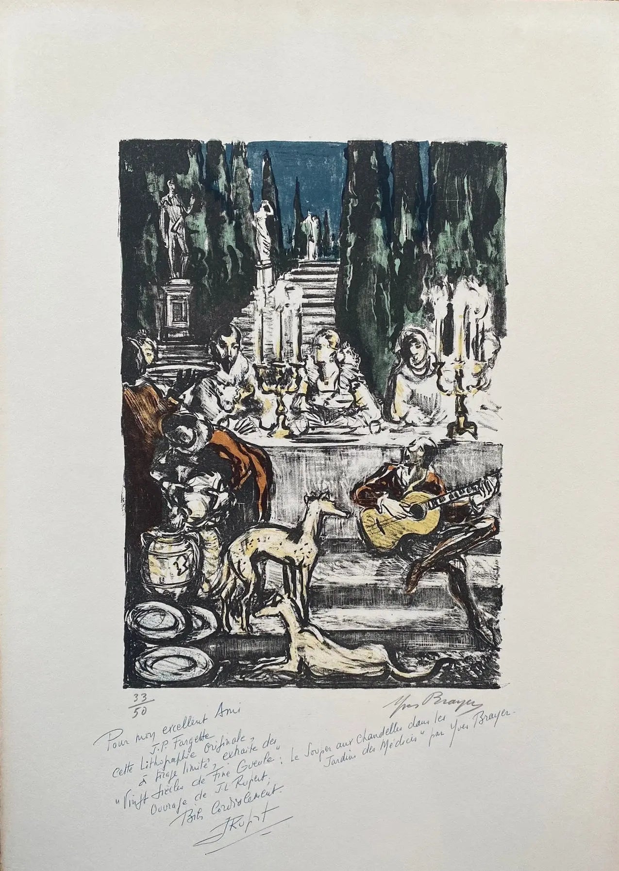 Lithographie Yves Brayer, signée, et dédicacée. Pièce unique d'exception intitulée Médicis.