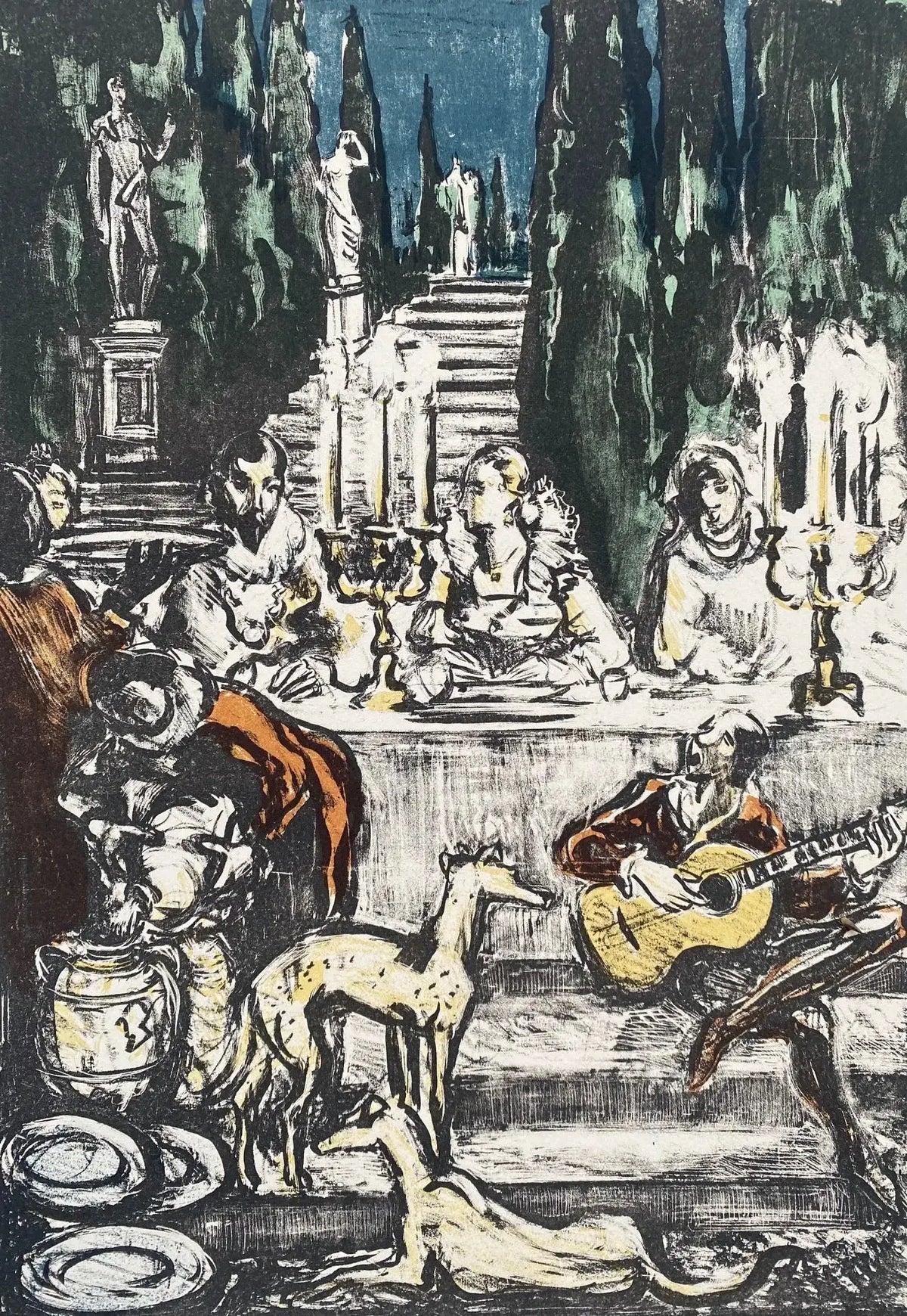 Lithographie Yves Brayer, signée, et dédicacée. Pièce unique d'exception intitulée Médicis. Antiquités de France