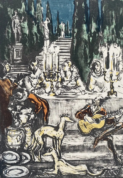 Lithographie Yves Brayer, signée, et dédicacée. Pièce unique d'exception intitulée Médicis. Antiquités de France