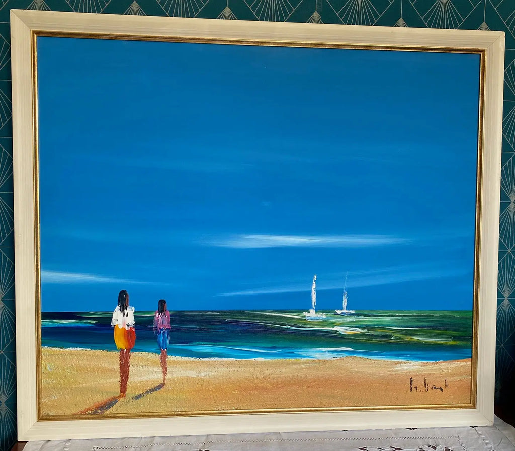 Huile sur toile signé marine, vue d'une plage, très lumineux. Années 80, encadré. Antiquités de France