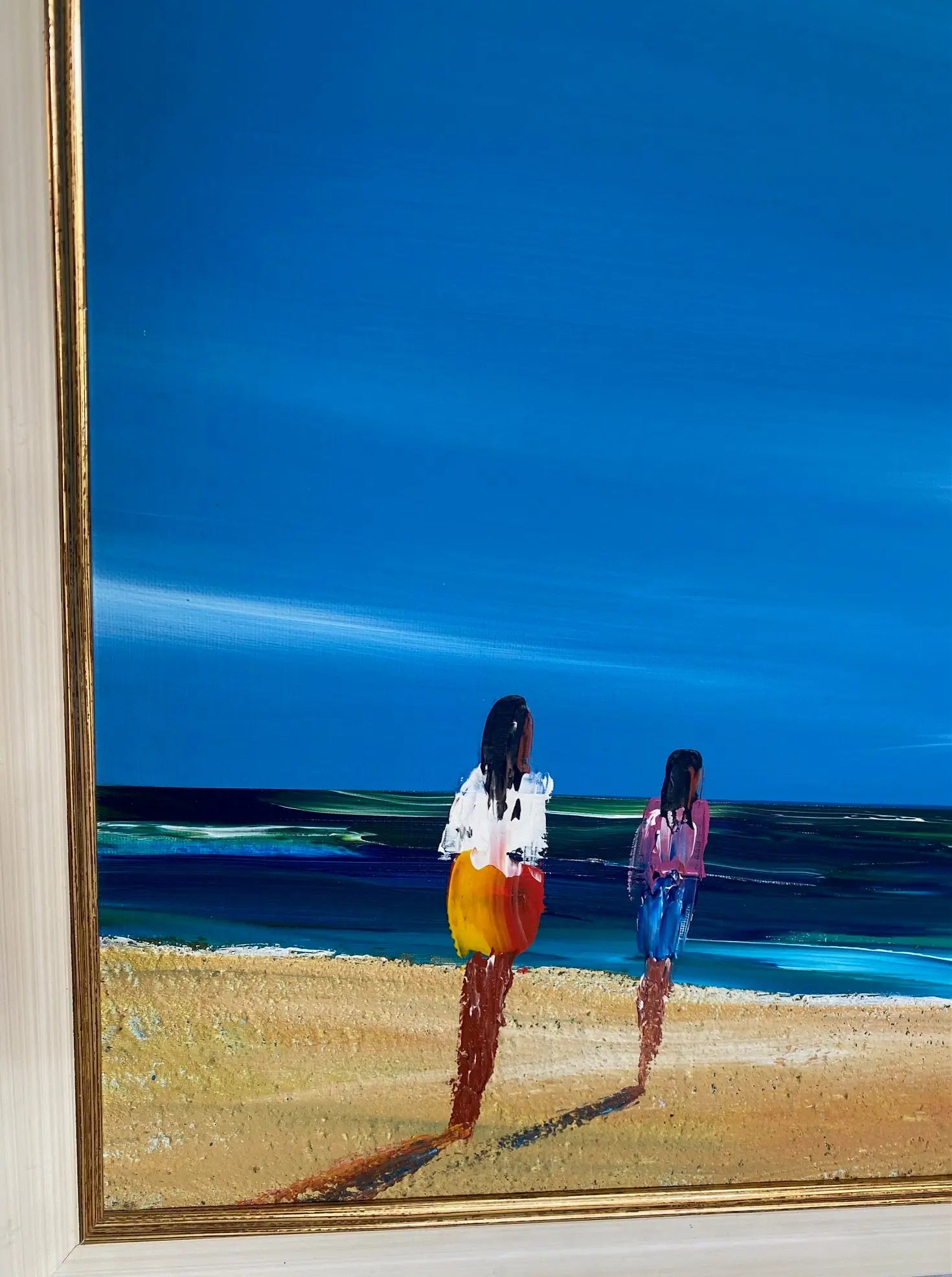 Huile sur toile signé marine, vue d'une plage, très lumineux. Années 80, encadré. Antiquités de France