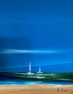 Huile sur toile signé marine, vue d'une plage, très lumineux. Années 80, encadré. Antiquités de France