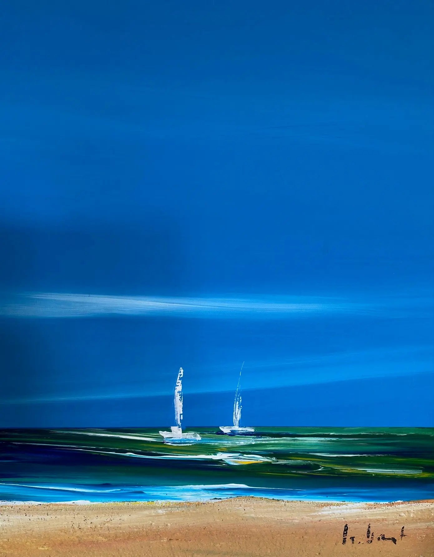 Huile sur toile signé marine, vue d'une plage, très lumineux. Années 80, encadré. Antiquités de France