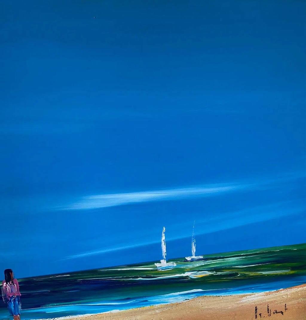 Huile sur toile signé marine, vue d'une plage, très lumineux. Années 80, encadré. Antiquités de France