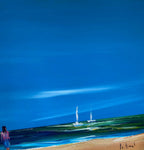 Huile sur toile signé marine, vue d'une plage, très lumineux. Années 80, encadré. Antiquités de France