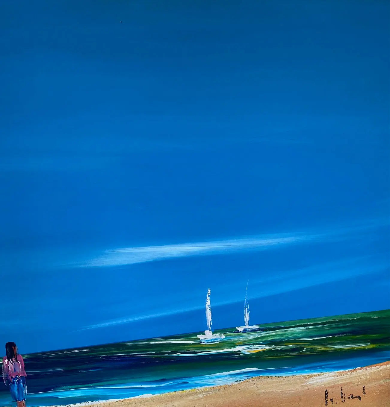 Huile sur toile signé marine, vue d'une plage, très lumineux. Années 80, encadré. Antiquités de France