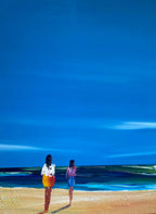 Huile sur toile signé marine, vue d'une plage, très lumineux. Années 80, encadré. Antiquités de France