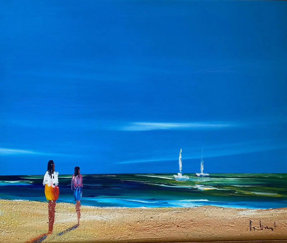 Huile sur toile signé marine, vue d'une plage, très lumineux. Années 80, encadré. Antiquités de France