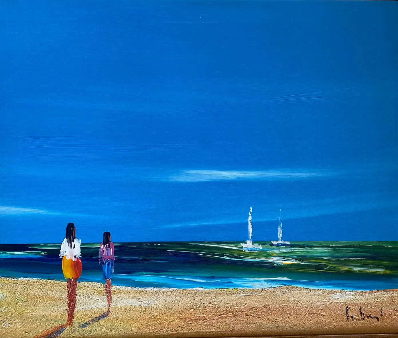 Huile sur toile signé marine, vue d'une plage, très lumineux. Années 80, encadré. Antiquités de France