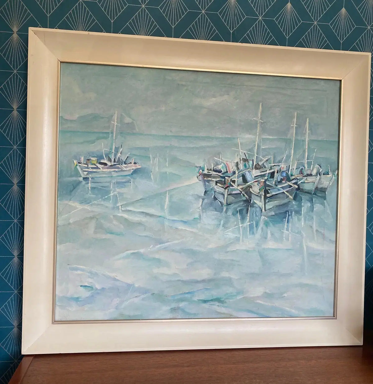Tableau marine signé, huile sur toile des années 70/80, cadre en bois et baguette dorée. Antiquités de France