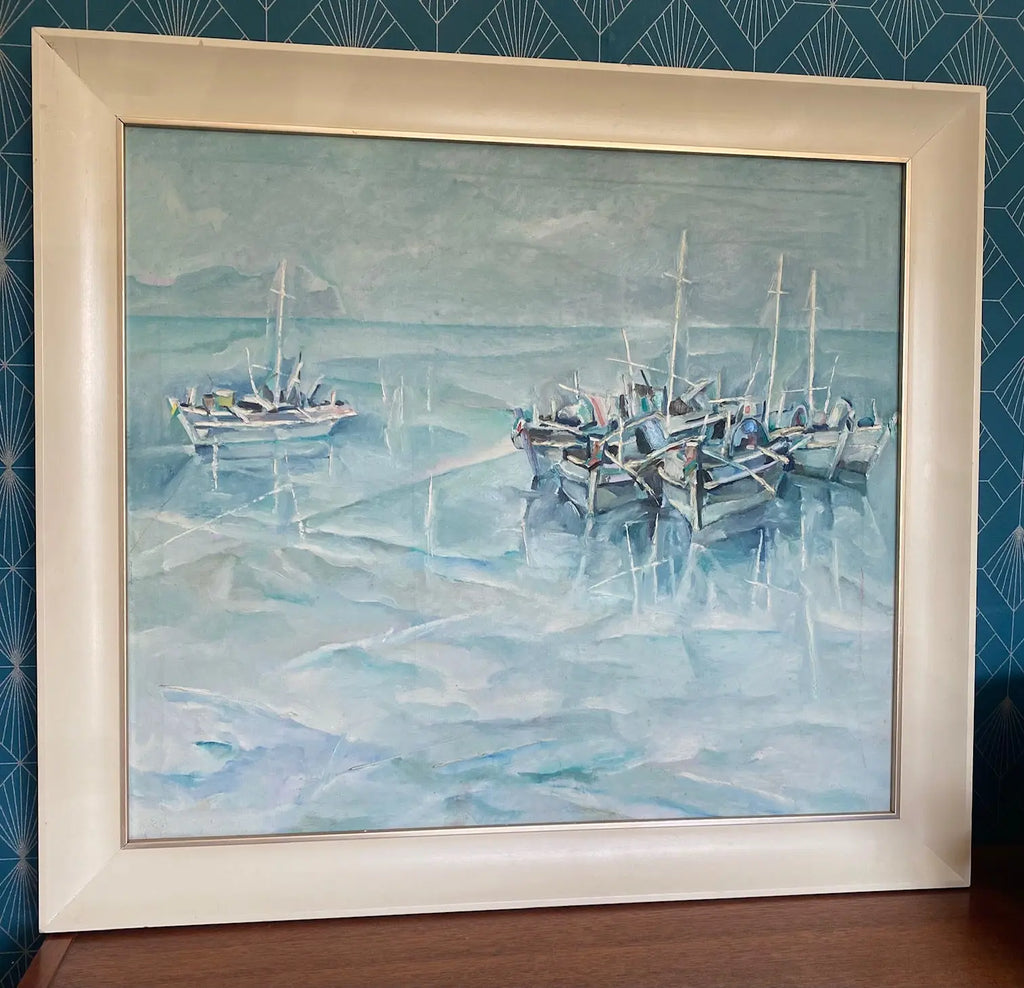 Tableau marine signé, huile sur toile des années 70/80, cadre en bois et baguette dorée. Antiquités de France