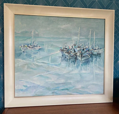 Tableau marine signé, huile sur toile des années 70/80, cadre en bois et baguette dorée. Antiquités de France