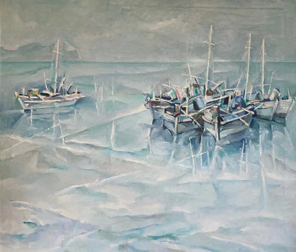 Tableau marine signé, huile sur toile des années 70/80, cadre en bois et baguette dorée. Antiquités de France