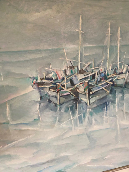 Tableau marine signé, huile sur toile des années 70/80, cadre en bois et baguette dorée. Antiquités de France