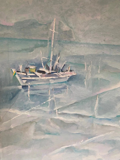 Tableau marine signé, huile sur toile des années 70/80, cadre en bois et baguette dorée. Antiquités de France