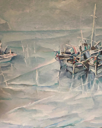 Tableau marine signé, huile sur toile des années 70/80, cadre en bois et baguette dorée. Antiquités de France
