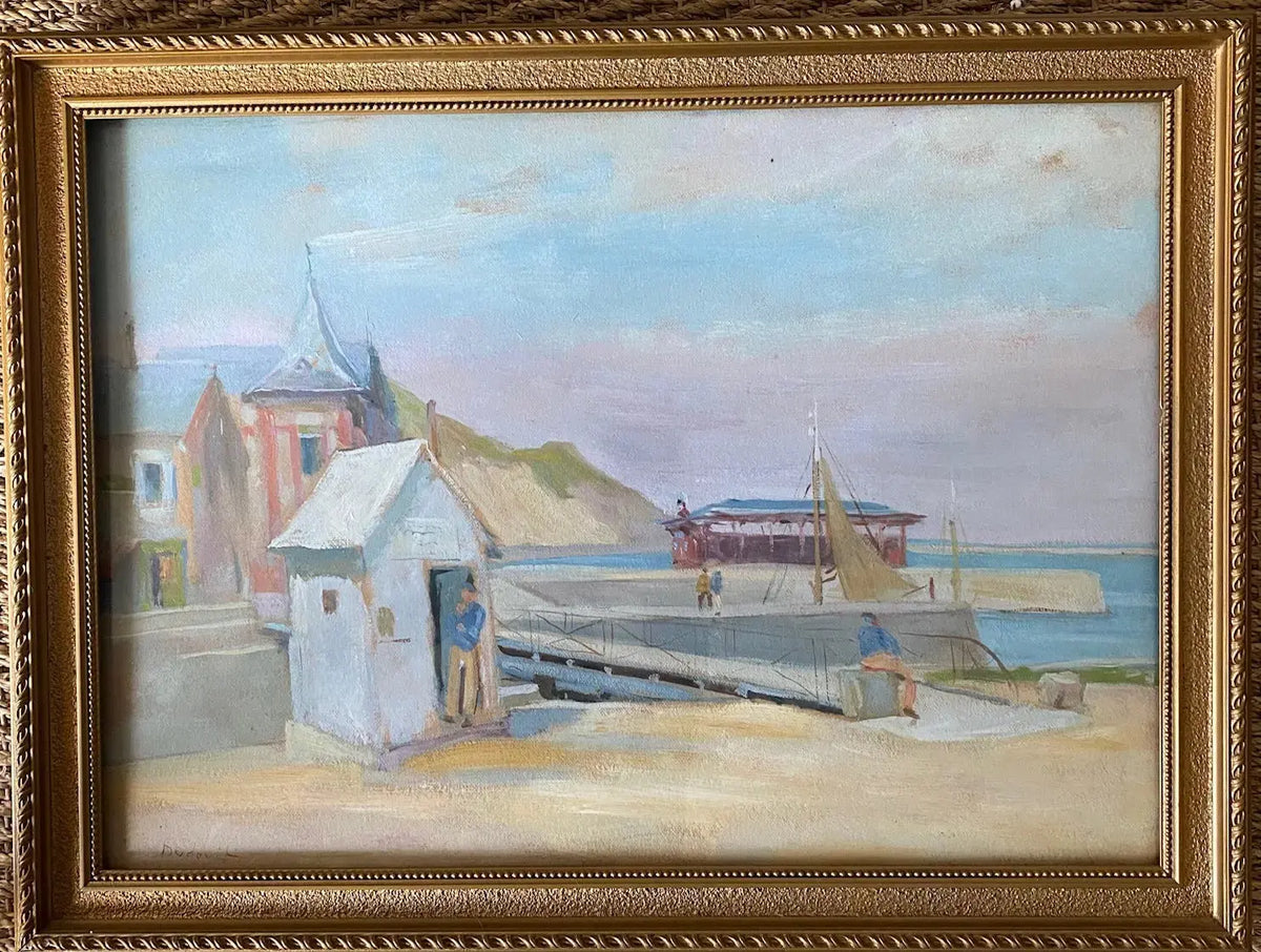 Tableau ancien signé André Dudouit, superbe aquarelle au décor de la Normandie, cabane de pêcheur. 1938 Antiquités de France