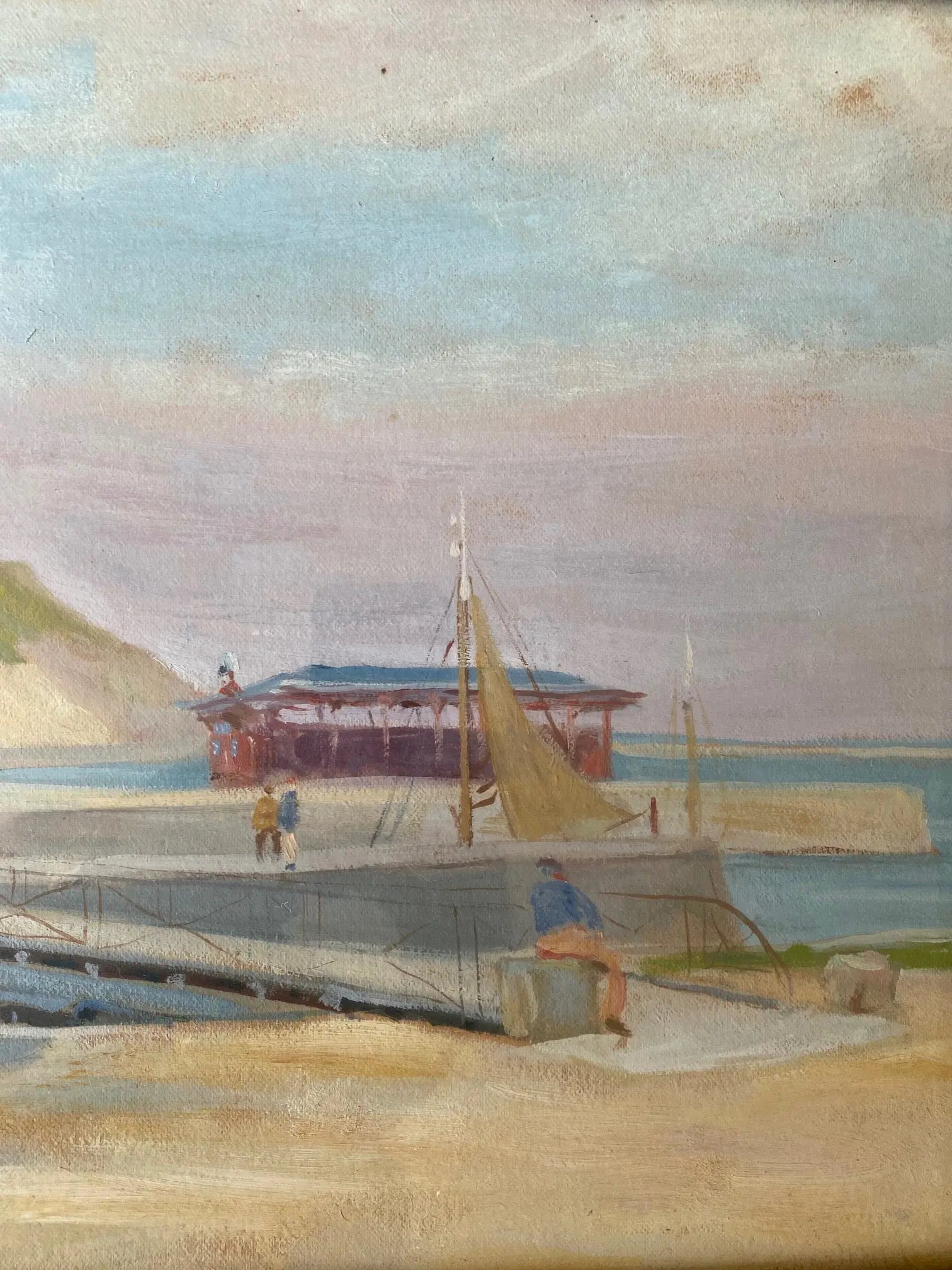 Tableau ancien signé André Dudouit, superbe aquarelle au décor de la Normandie, cabane de pêcheur. 1938 Antiquités de France