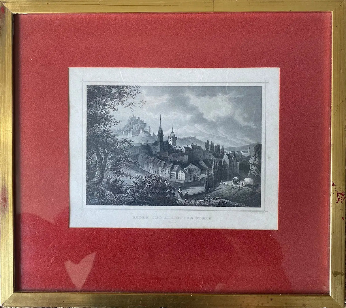 Gravure ancienne, 1860, Baden, par FESCA ROHBOCK éd. KRÜSI, encadré, sous verre. Antiquités de France