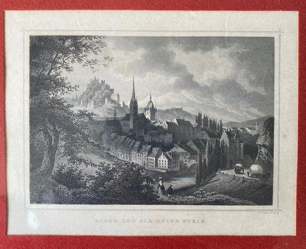 Gravure ancienne, 1860, Baden, par FESCA ROHBOCK éd. KRÜSI, encadré, sous verre. Antiquités de France