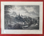 Gravure ancienne, 1860, Baden, par FESCA ROHBOCK éd. KRÜSI, encadré, sous verre. Antiquités de France