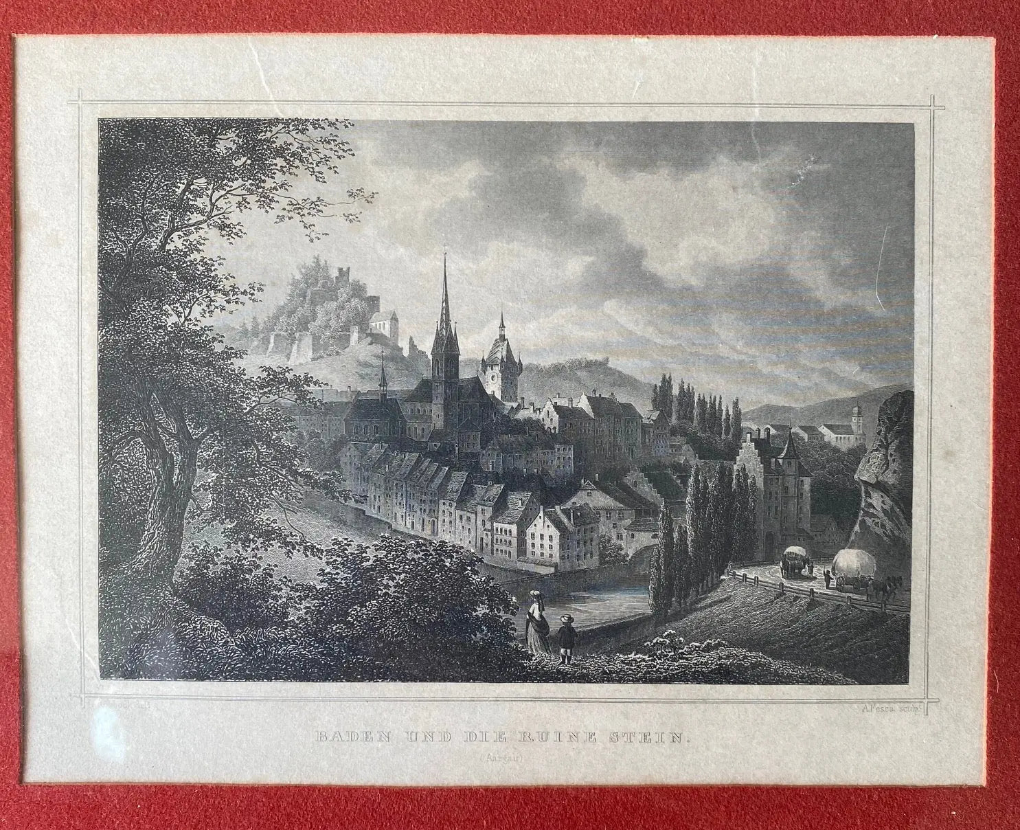 Gravure ancienne, 1860, Baden, par FESCA ROHBOCK éd. KRÜSI, encadré, sous verre. Antiquités de France