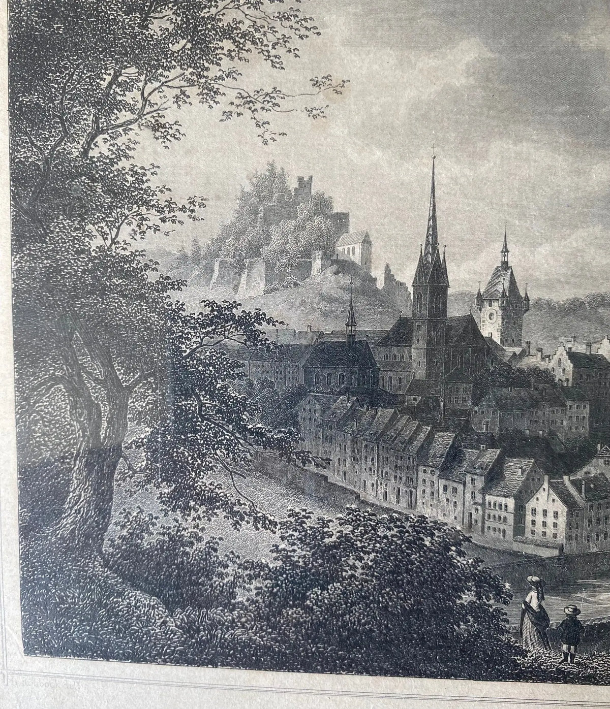 Gravure ancienne, 1860, Baden, par FESCA ROHBOCK éd. KRÜSI, encadré, sous verre. Antiquités de France