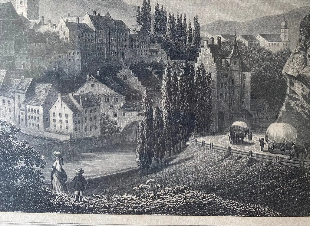Gravure ancienne, 1860, Baden, par FESCA ROHBOCK éd. KRÜSI, encadré, sous verre. Antiquités de France