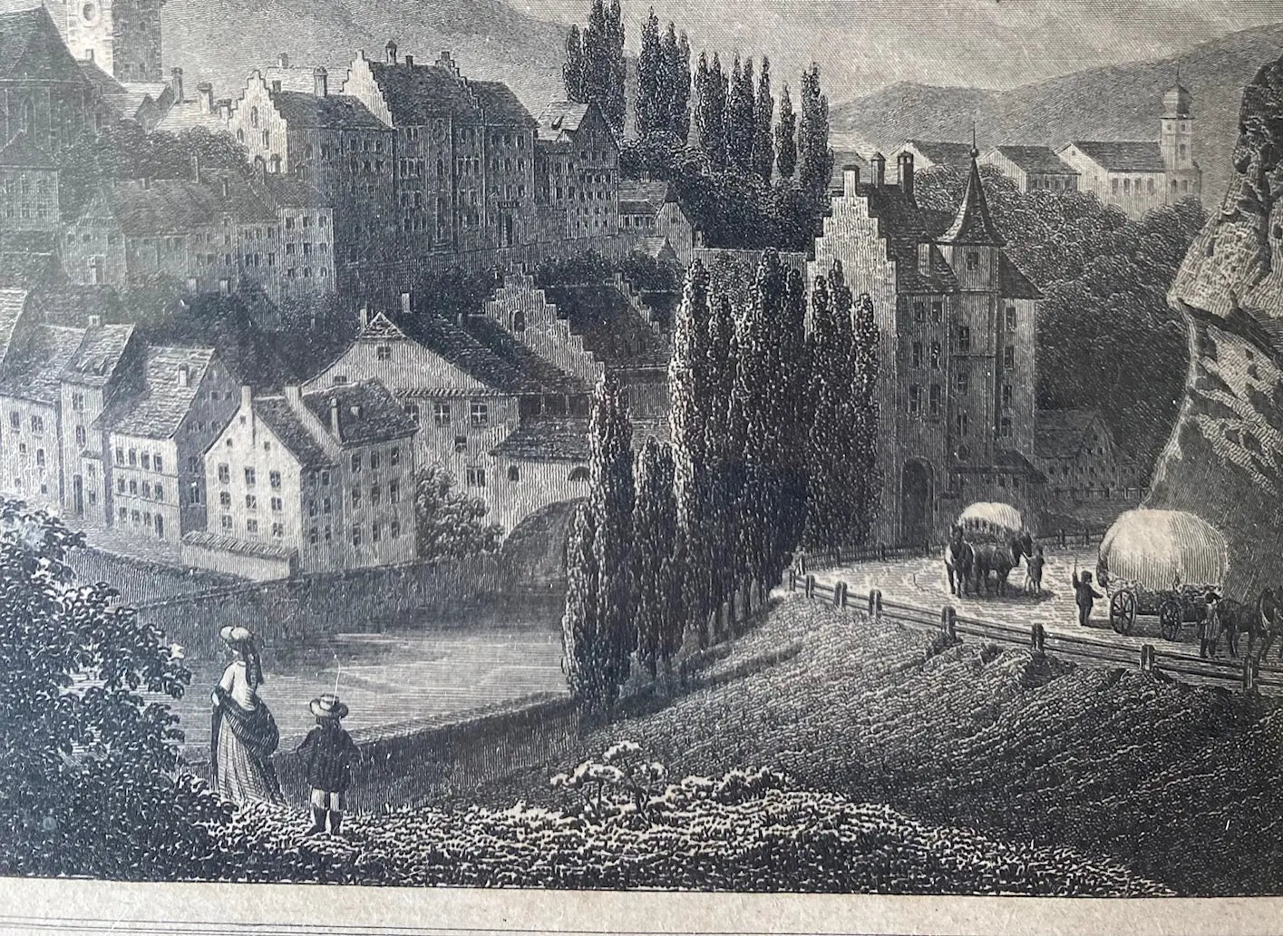 Gravure ancienne, 1860, Baden, par FESCA ROHBOCK éd. KRÜSI, encadré, sous verre. Antiquités de France