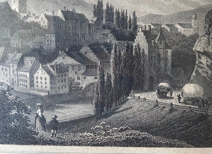 Gravure ancienne, 1860, Baden, par FESCA ROHBOCK éd. KRÜSI, encadré, sous verre. Antiquités de France