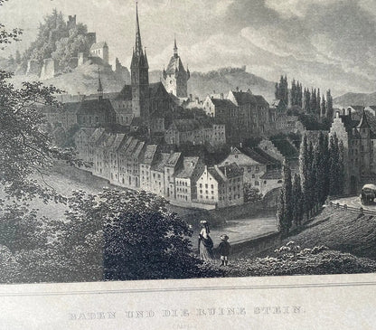 Gravure ancienne, 1860, Baden, par FESCA ROHBOCK éd. KRÜSI, encadré, sous verre. Antiquités de France