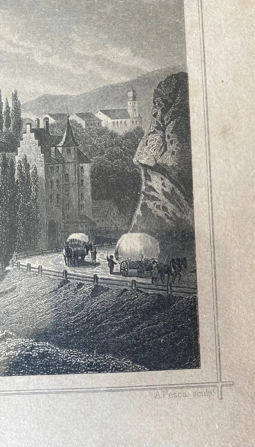 Gravure ancienne, 1860, Baden, par FESCA ROHBOCK éd. KRÜSI, encadré, sous verre. Antiquités de France