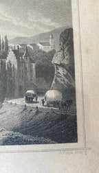 Gravure ancienne, 1860, Baden, par FESCA ROHBOCK éd. KRÜSI, encadré, sous verre. Antiquités de France