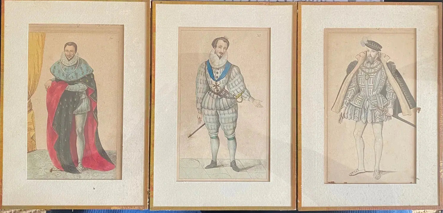 Gravures du XIXème, roi de France, encadrées, sous verre à refixer. Le lot de 3. Antiquités de France