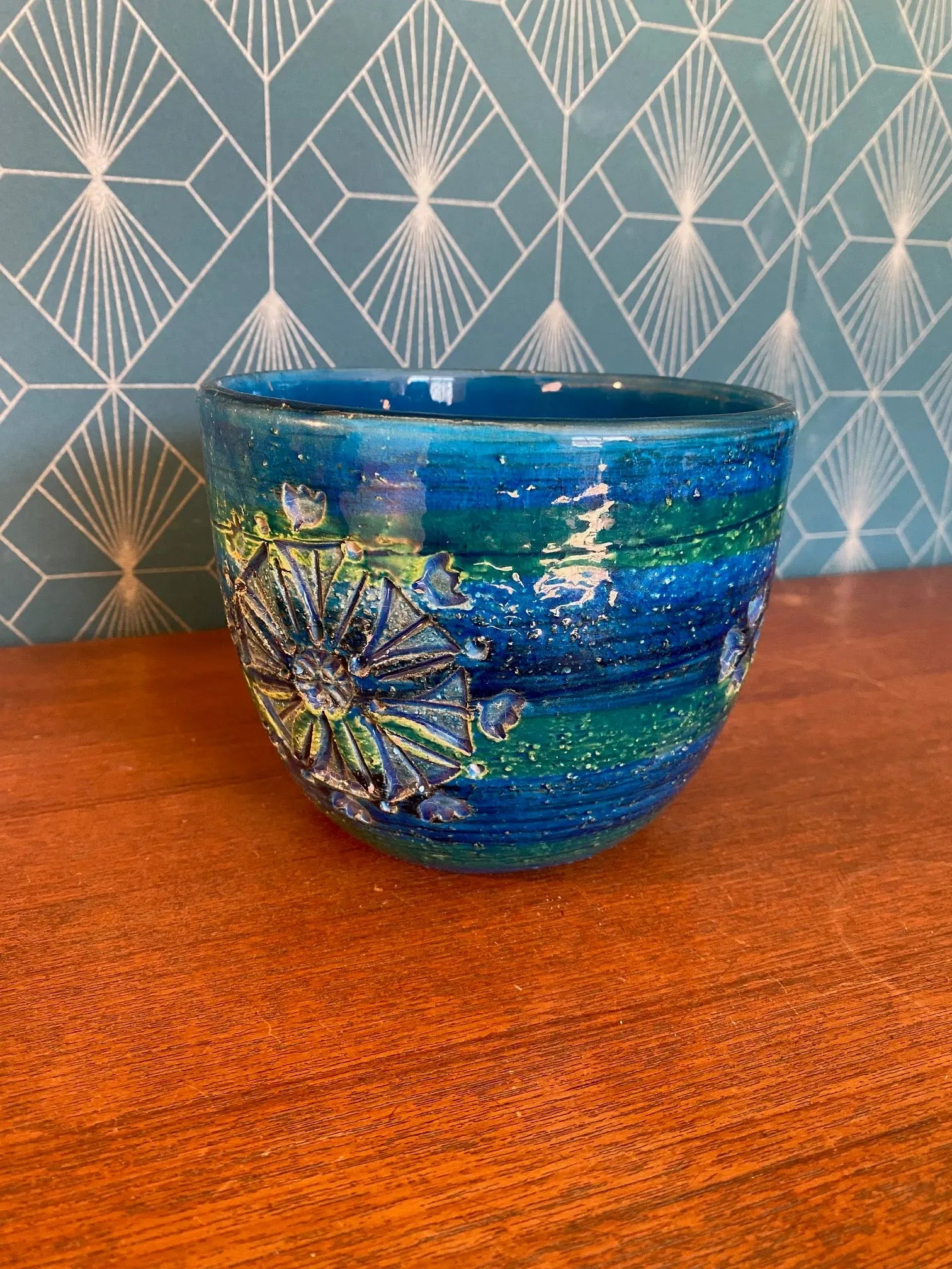 Cache-pot Aldo Londi Bitossi années 50/60 terre cuite émaillée décor rosaces-{{shop name}}