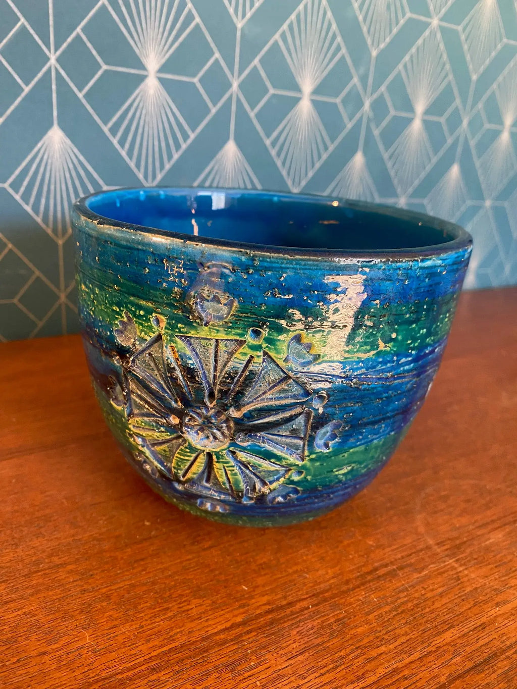 Cache-pot Aldo Londi Bitossi années 50/60 terre cuite émaillée décor rosaces-{{shop name}}