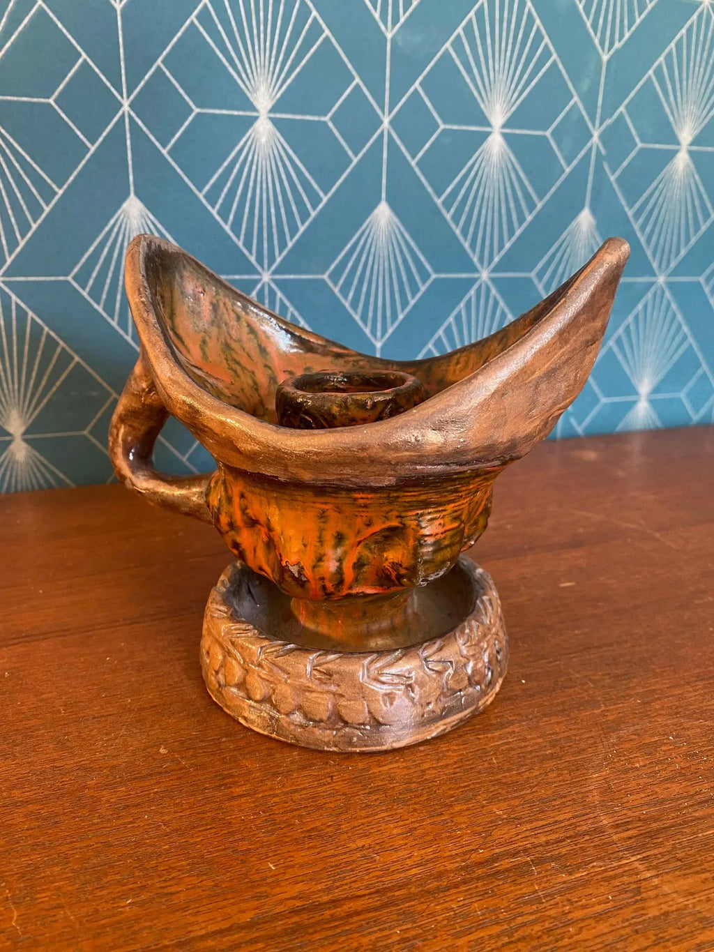 Bougeoir à main ancien, terre cuite, école Italienne Romacréa, des années 60. Antiquités de France