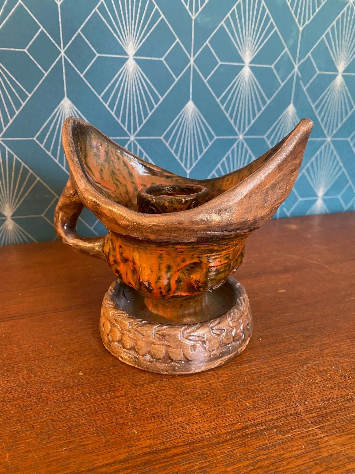 Bougeoir à main ancien, terre cuite, école Italienne Romacréa, des années 60. Antiquités de France