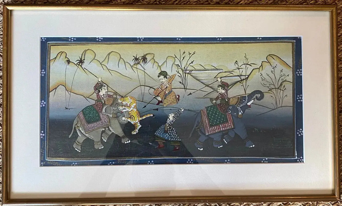 Deux gouaches persanes début XXème "Chasse au tigre" – encadrées-{{shop name}}