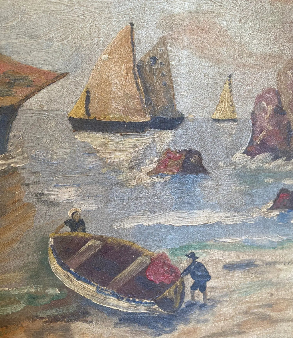 Huile sur toile, Bretagne, tableau signé, plage, mer. Datée de 1947. Prévoir quelques petites restaurations. Antiquités de France