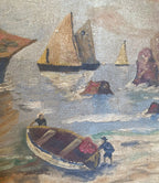 Huile sur toile, Bretagne, tableau signé, plage, mer. Datée de 1947. Prévoir quelques petites restaurations. Antiquités de France