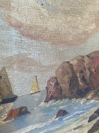 Huile sur toile, Bretagne, tableau signé, plage, mer. Datée de 1947. Prévoir quelques petites restaurations. Antiquités de France