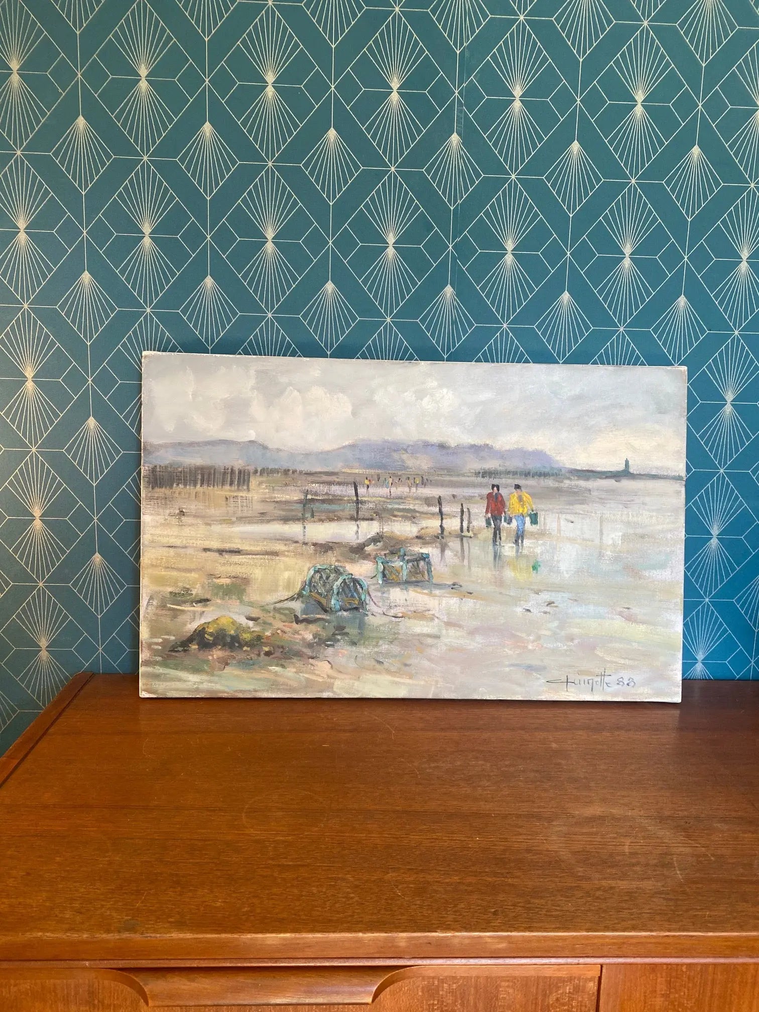 Huile sur toile, pêche à marrée basse en Bretagne, tableau signé Jean-Claude Quinette. Antiquités de France